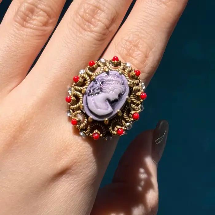 Bagues vintage en agate rouge et plaqué or 18 carats pour femmes, bijoux de cocktail rétro et strass pour soirée festive et mariage