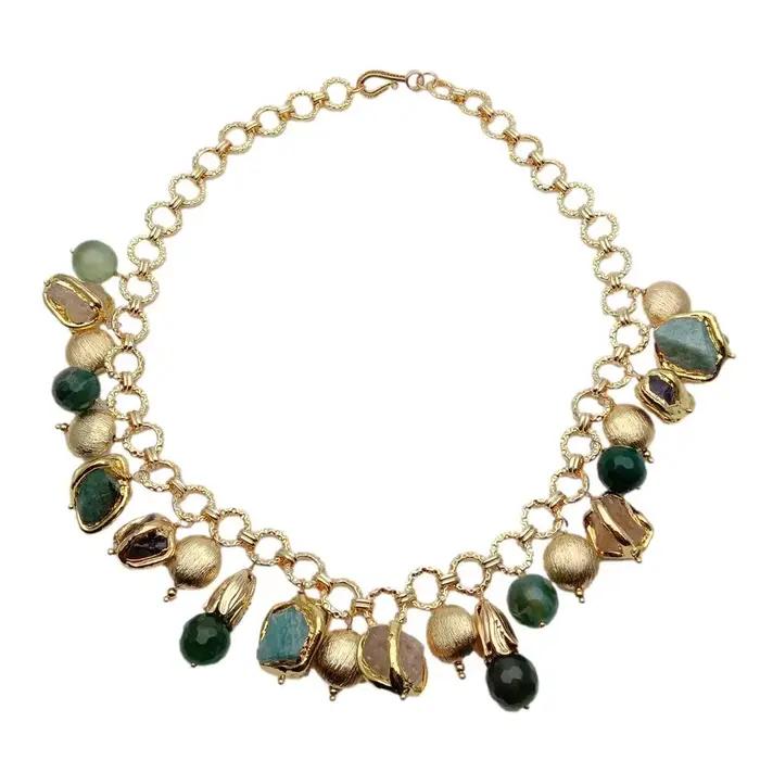 Collier de menton plaqué or, citrine naturelle, améthyste, Amazonite, bord galvanisé, pendentif rugueux