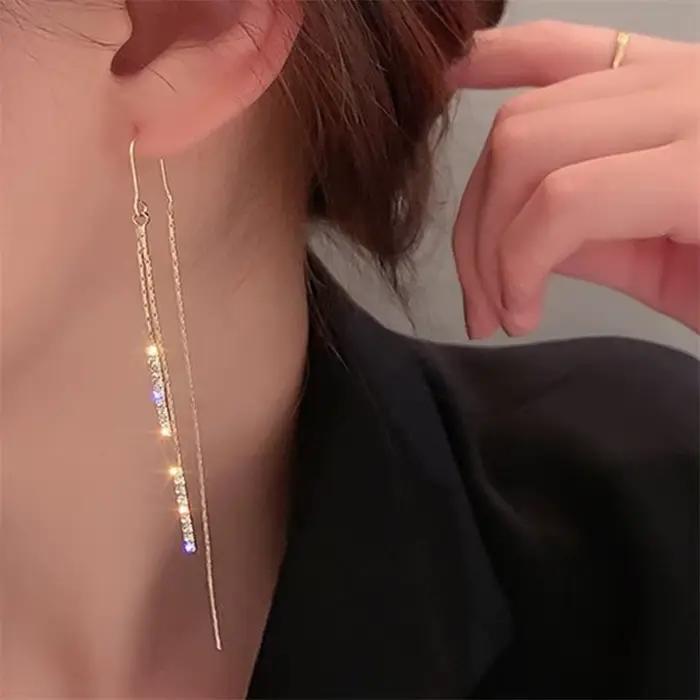 Boucles d'oreilles dorées de luxe pour femmes, frange en strass, Zircon suspendu, brillant, déclaration de mariage, bijoux cadeaux de fête, nouvelle collection 2024
