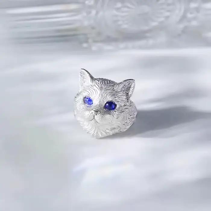 Bagues en forme de chat en relief camée pour femmes, design original à la mode, en argent 925, avec yeux bleus mignons, bijoux de banquet réglables
