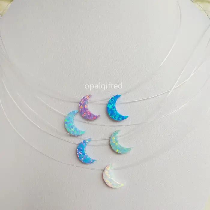 Collier avec pendentif lune en opale, extension en argent 925, chaîne transparente, Opa, pour femmes et filles, bijoux mignons,