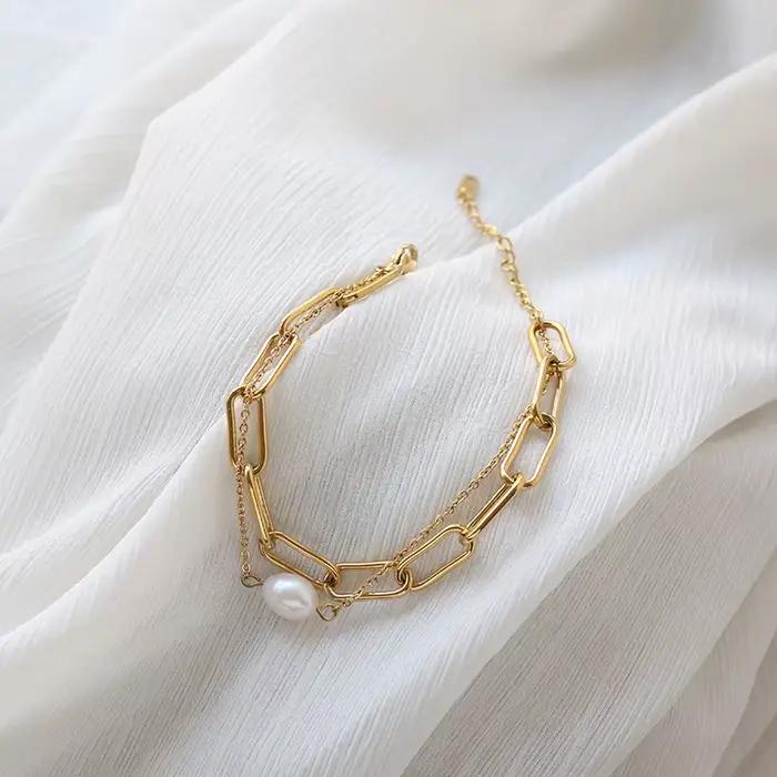 Amaiyllis-Bracelet de perles d'eau douce en or 18 carats pour femme, bijoux faits à la main, nar, double couche, Boho, Kolye