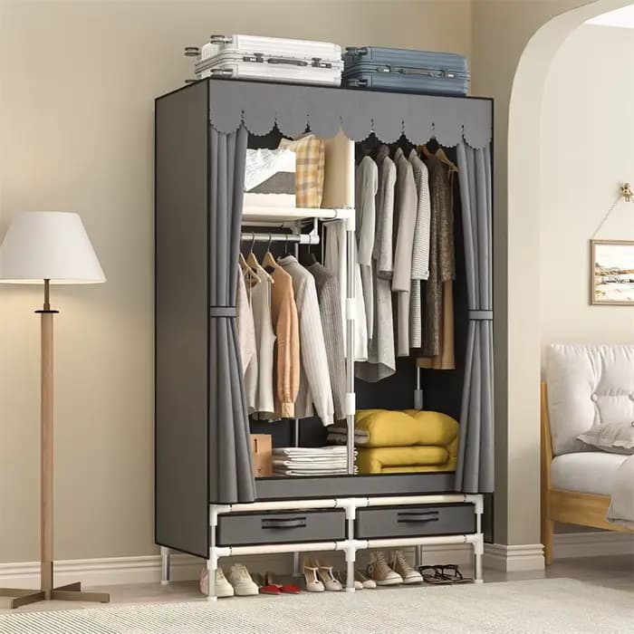 Garde-robe grill simple et durable, armoire de chambre à coucher, assemblage domestique, grande armoire, moderne, gris