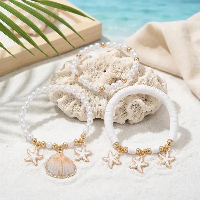 Ensemble de bracelets de luxe en perles d'imitation Heishi pour femmes