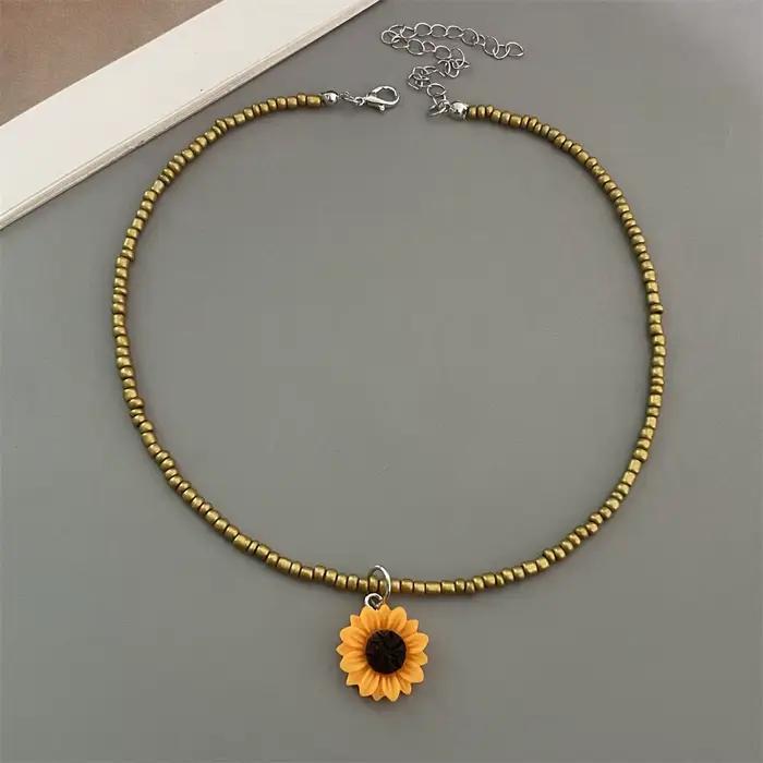Collier ras du cou court en perles de rocaille colorées, avec pendentif fleur jaune, collier cadeau, perles de riz de couleur noir Orange, bijoux cadeaux