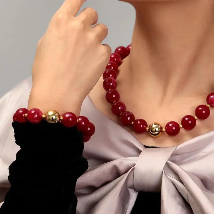 Nouveaux colliers et bracelets en résine à perles rondes pour femmes et hommes