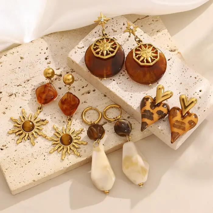 AENSOA – boucles d'oreilles Vintage en résine de bois à rayures, Style Multiple, mode en acier inoxydable imprimé léopard, pendentif en forme de cœur, bijoux