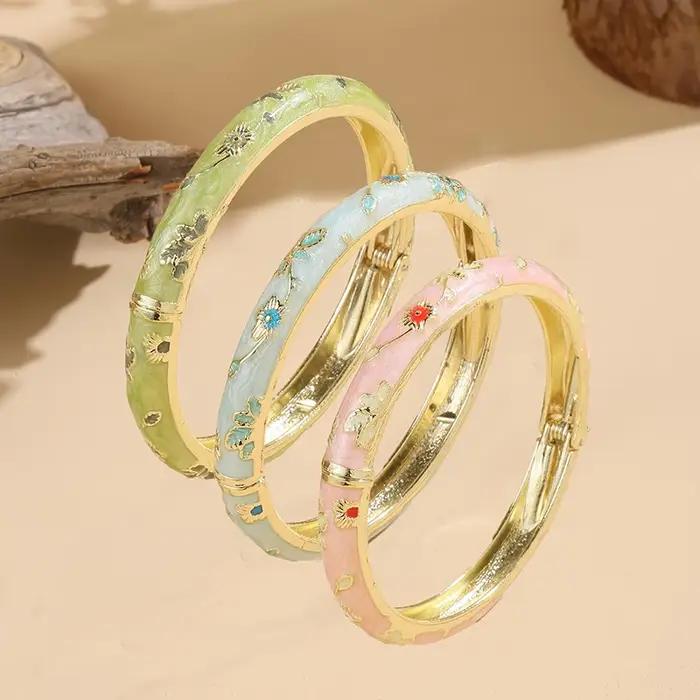 Bracelet en émail cloisonné pour femmes, style ethnique vintage, ensemble de 3 pièces, fleurs délicates, cadeau élégant pour occasions spéciales