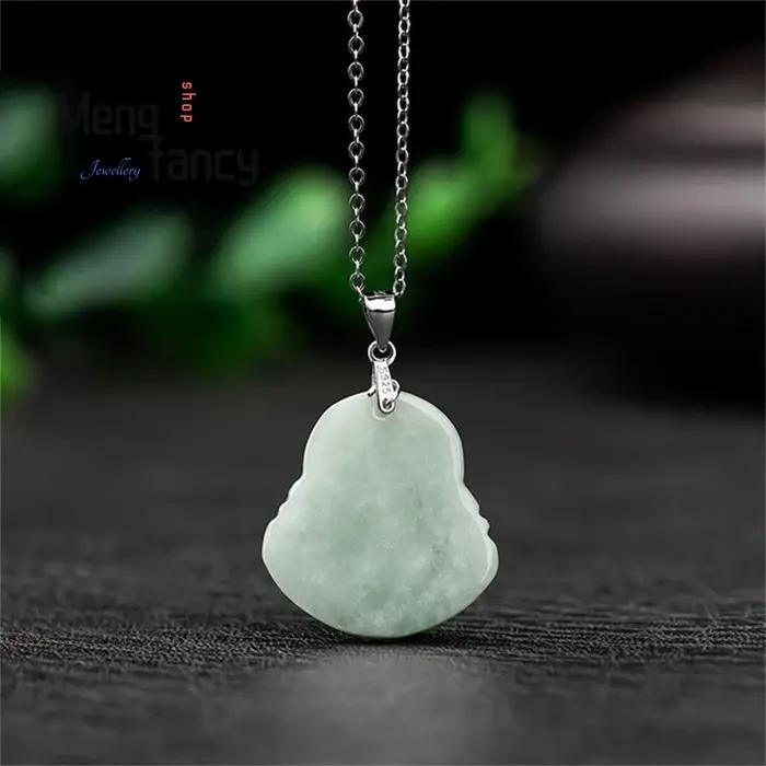 Collier en argent S925 naturel Myanmar a-goods jadéite vert clair pendentif bouddha Maitreya exquis meilleure vente bijoux de mode