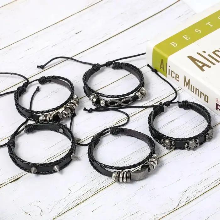Ensemble de bracelets tressés de style punk 5 pièces en cuir et alliage de zinc violet pour homme et femme occasions spéciales