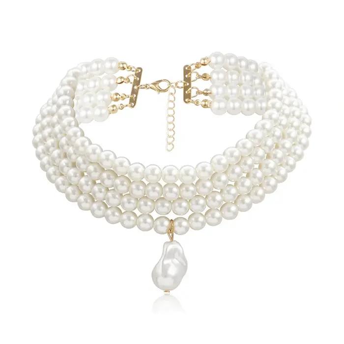 Collier ras du cou classique en perles rondes pour femmes, brin superposé, pendentif en perles baroq