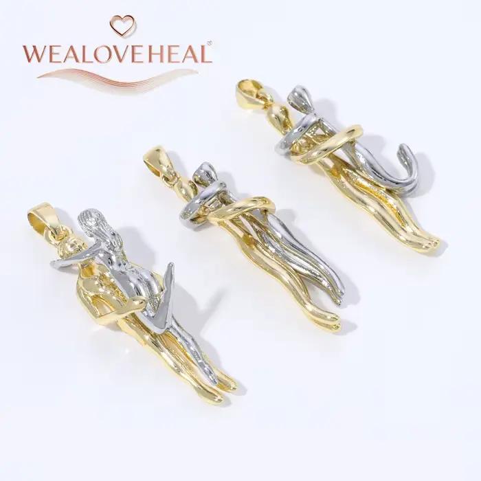 pendantif,breloque bijoux,charms pour fabrication de bijoux,Lot de 2 pendentifs détachables en laiton plaqué or 18 carats, breloque amoureux enlacés bicolore pour collier DIY, accessoires de bijouteri