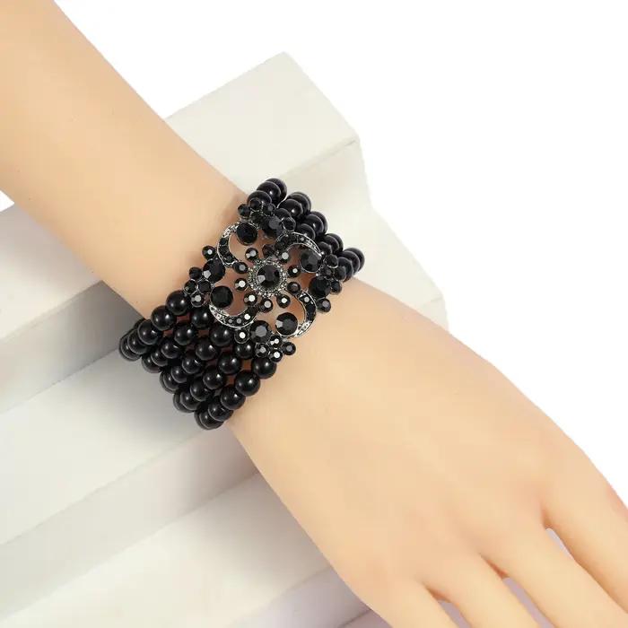 Bracelet rétro multicouche en perles incrustées de diamants floral pour femmes occasions spéciales polyvalent