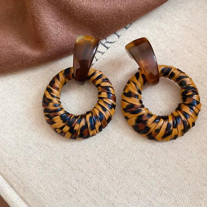Maillard Style léopard cuir résine boucles d'oreilles pour femmes géométrique ronde boucle d'oreille personnalité mode bijoux usage quotidien K