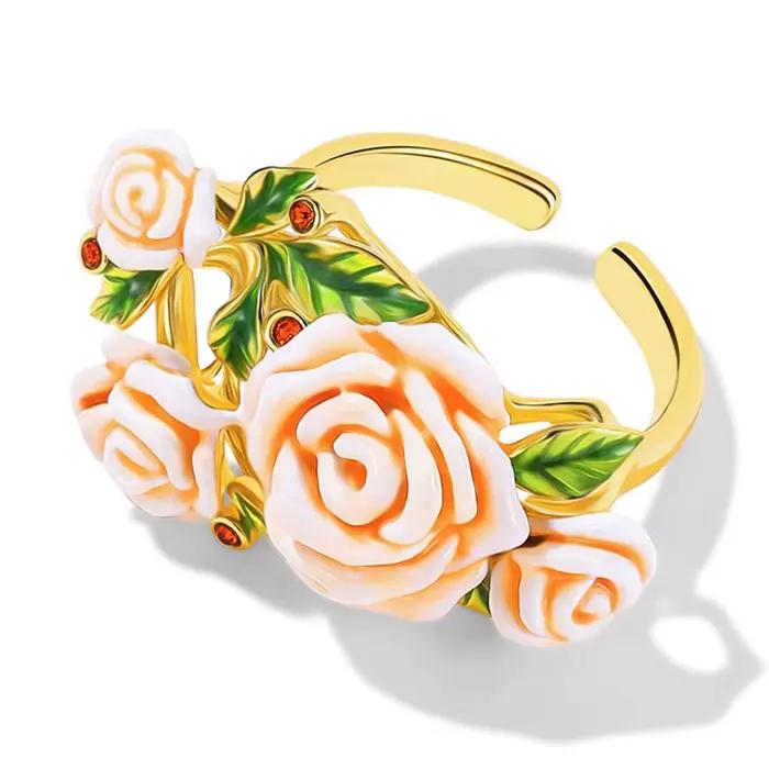 Ensemble de bijoux élégant en émail rose et perles pour femmes, bague réglable, boucles d'oreilles,