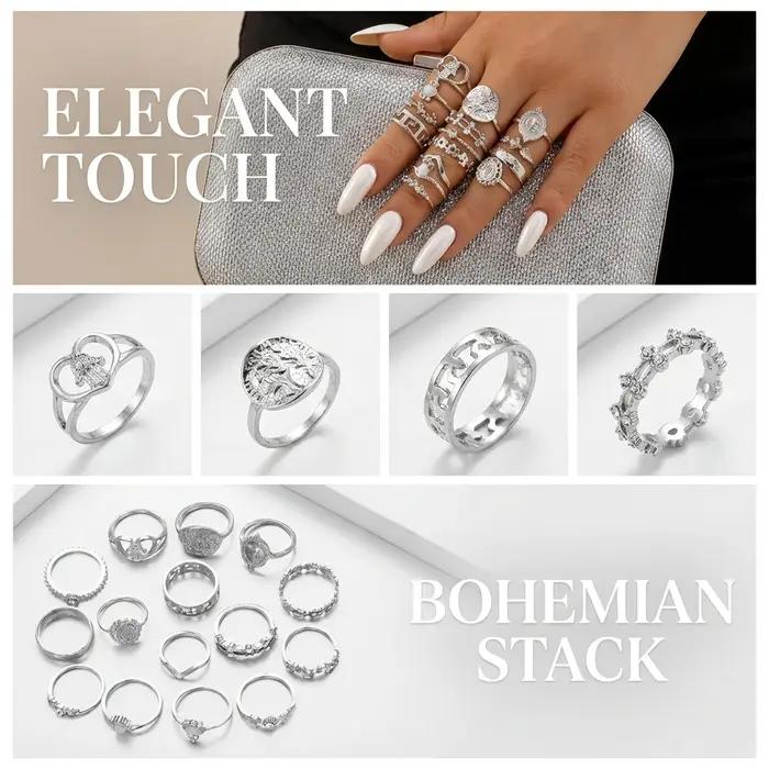 Ensemble de 15 bagues empilables vintage couleur argent pour femmes