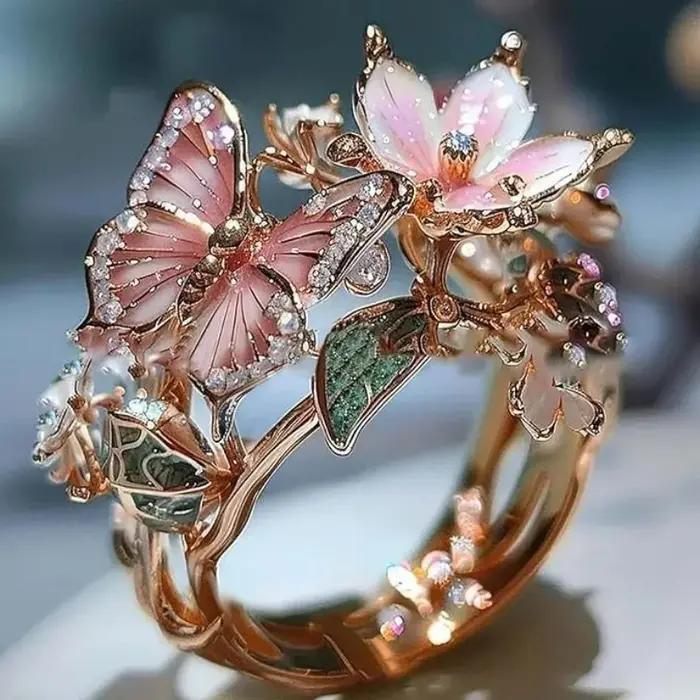 Bagues esthétiques en forme de fleur et de papillon pour femmes
