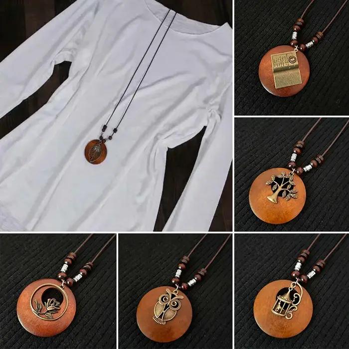 Collier en bois de style ethnique vintage avec pendentif perlé