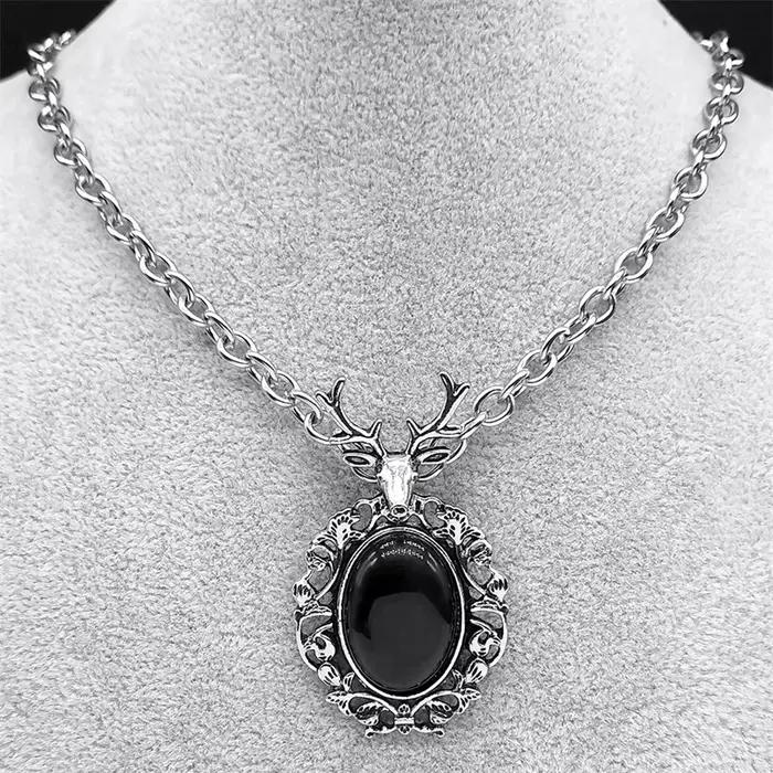 Collier néo-gothique en acier inoxydable avec pendentif en pierre artificielle pour femmes et hommes occasions spéciales mariage bal anniversaire fete