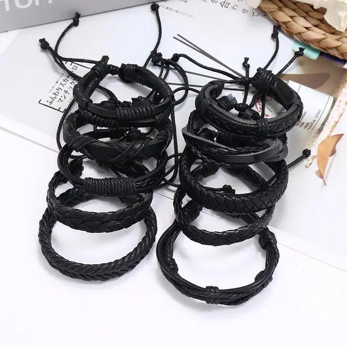 Ensemble de bracelets en cuir noir tressé à la main unisexe