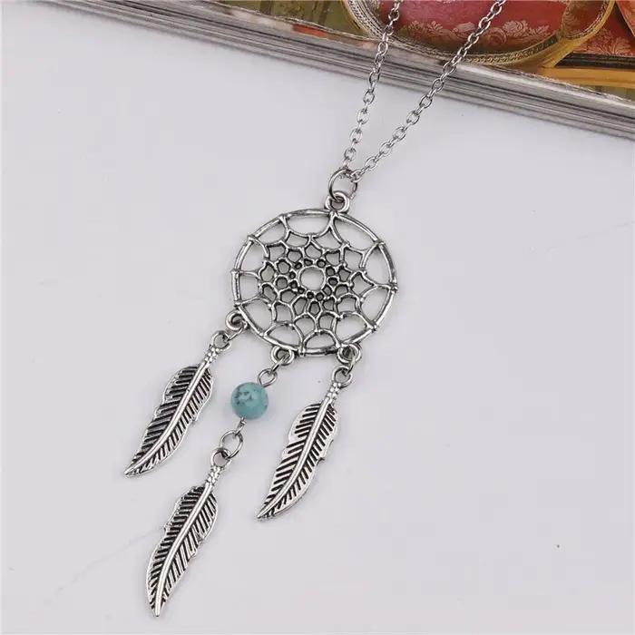 Nouveau capteur de rêves pendentif collier plume perles bleues femmes chaîne colliers Bijoux Collares