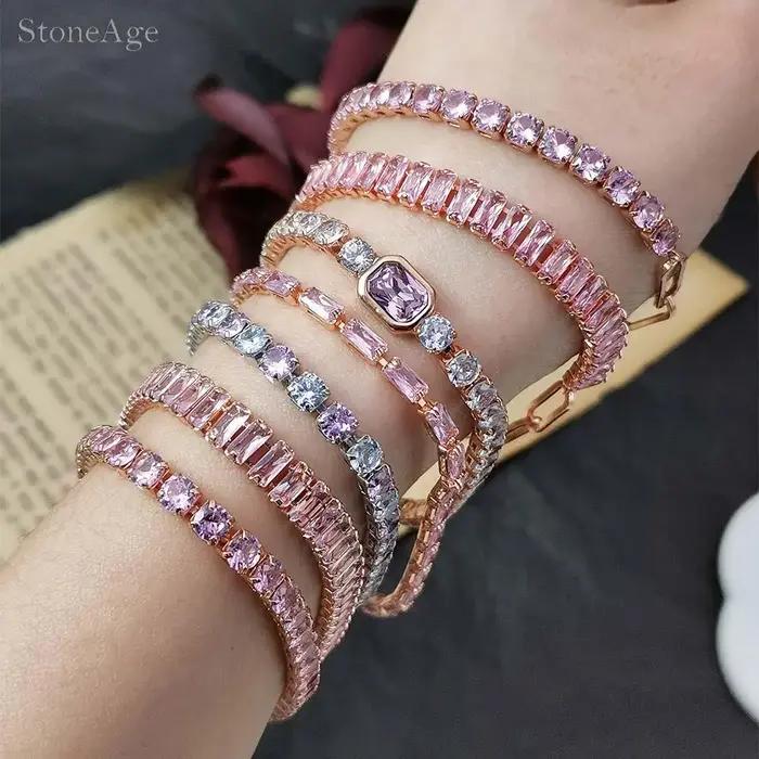 Bracelet de Tennis en Cristal Rose pour Femmes Style Mode Zircone Brillante Occasions Spéciales