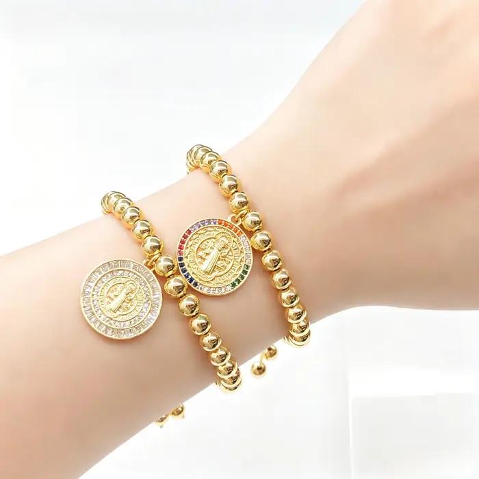 Nouvel Arrivage Bracelet de perles en cuivre avec médaille ronde Saint Benoît en émail