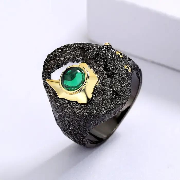 Bague creuse en or noir incrustée de Zircon vert bijou créatif alliance de mariage pour femmes pour événements spéciaux