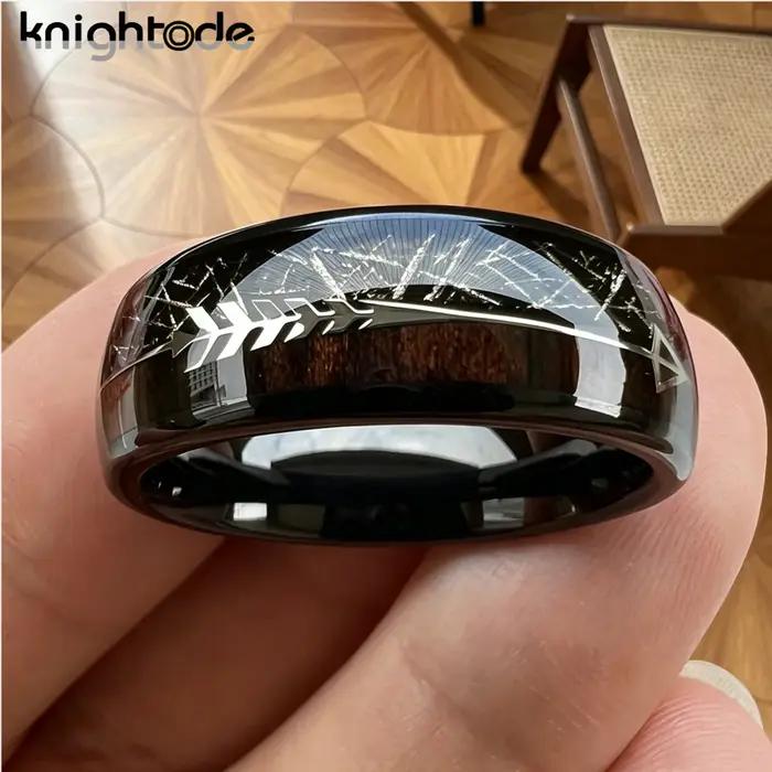 Anneau en carbure de tungstène avec incrustation de Texture Unique en bois de météorite noire/Koa