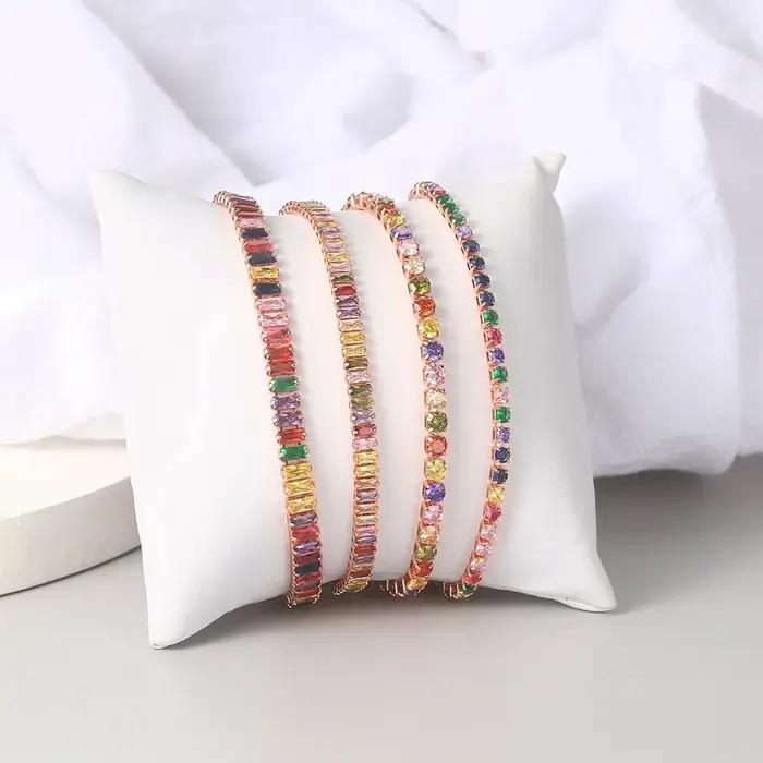 Bracelet Multicolores Arc-en-Ciel en Argent Regardé 925 et Or Rose 18 Carats Pour Femme Occasions Spéciales Bagues Cristal Pierres Précieuses Blanc Noir Vert