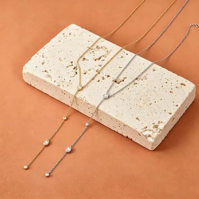 JeeMango – collier élégant en forme de Y pour femmes, chaîne longue en acier inoxydable, pendentif goutte d'eau en Zircon, bijoux N26033