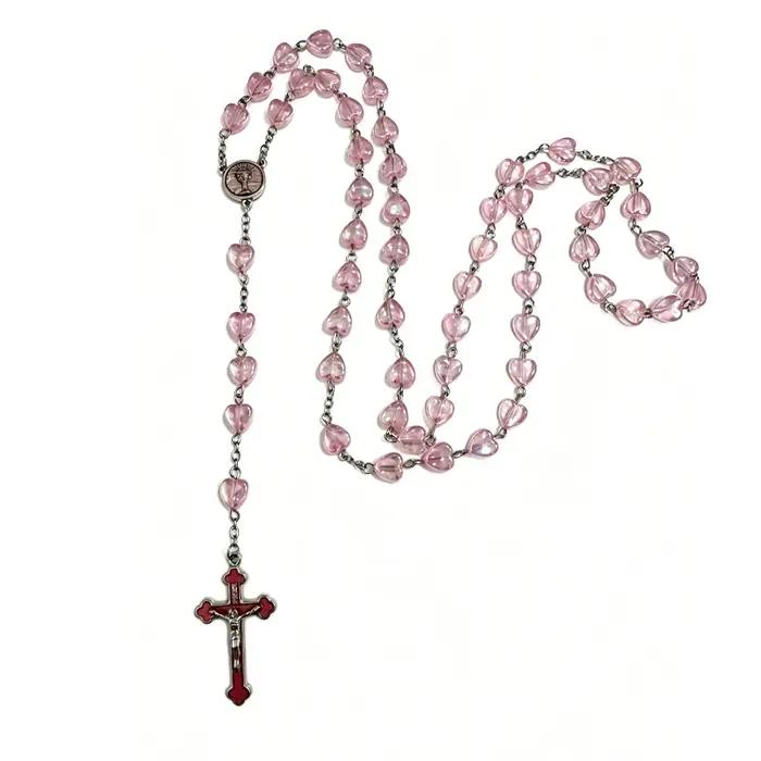 Collier de prière à la mode pour femmes perles cœur irisées pendentif émail croix bijou religieux chrétien occasions spéciales