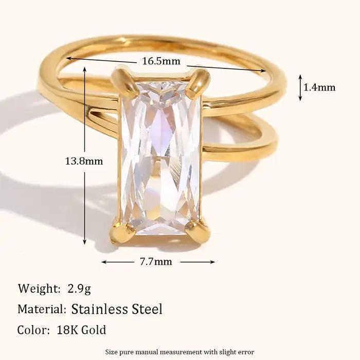 Bague asymétrique rectangulaire en acier inoxydable plaquée or 18 carats avec zirconium blanc pour femmes occasions spéciales parties chic