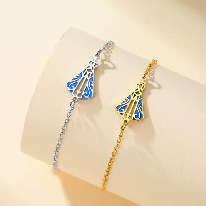 Bracelet Croix de la Vierge Aparecida en Acier Inoxydable, Cordon Tressé Réglable, Émail Bleu, Bijou Religieux, Cadeau