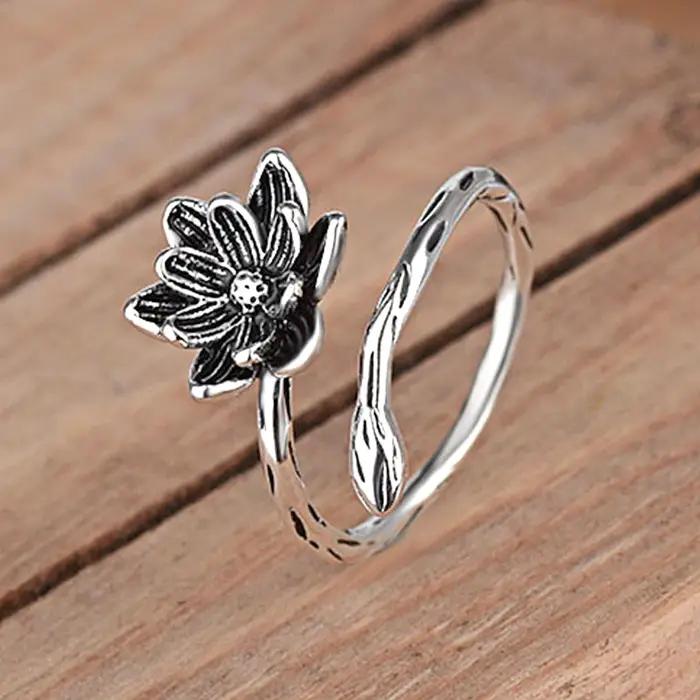 Bague bohème en argent sterling 925 sertie de fleur de lotus antique pour femmes, cadeau pour occasions spéciales et événements festifs