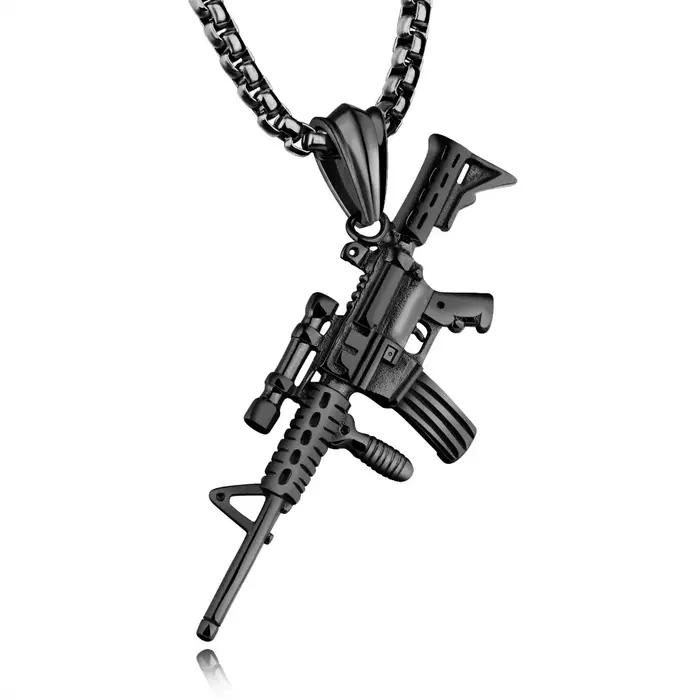 Hip Hop raffiné élégant glacé or argent couleur alliage M4 pistolet pendentifs collier pour hommes rappeur bijoux