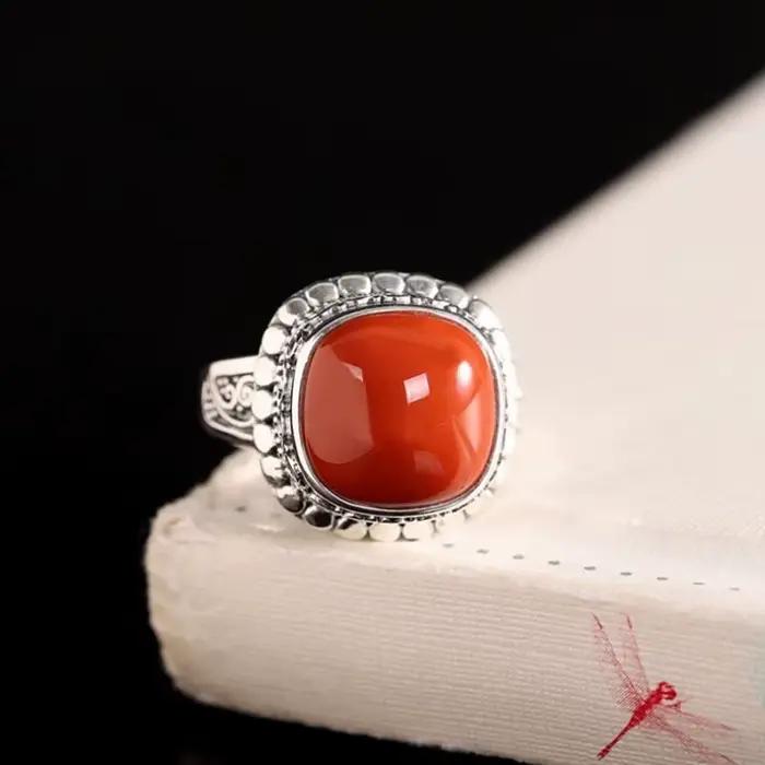 Bague en argent thaïlandais rétro en Agate rouge du sud pour femmes
