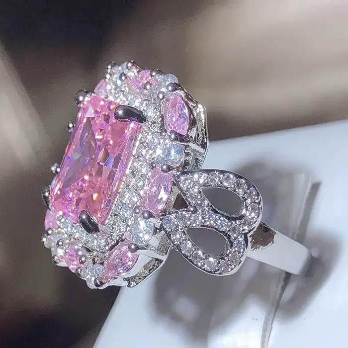 Bague carrée en Zircon rose scintillant pour femme