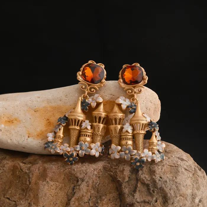 Boucle d'Oreille Vintage en Émail Château d'Or, Broche en Argent 925, Agate Rouge, Cristal, Bijoux Élégants pour Femmes Occasions Spéciales