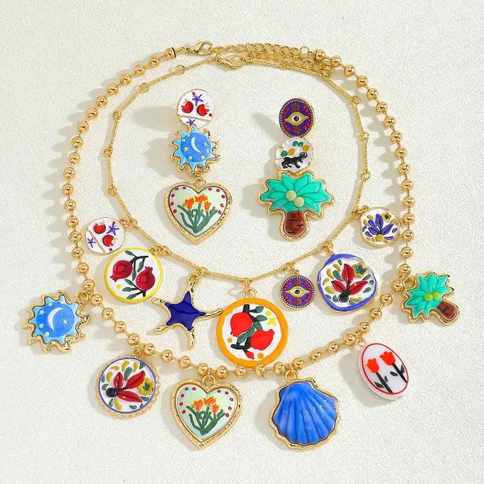Collier et boucles d'oreilles en résine pour femmes, pendentif en forme de fleur de palmier, exquis,