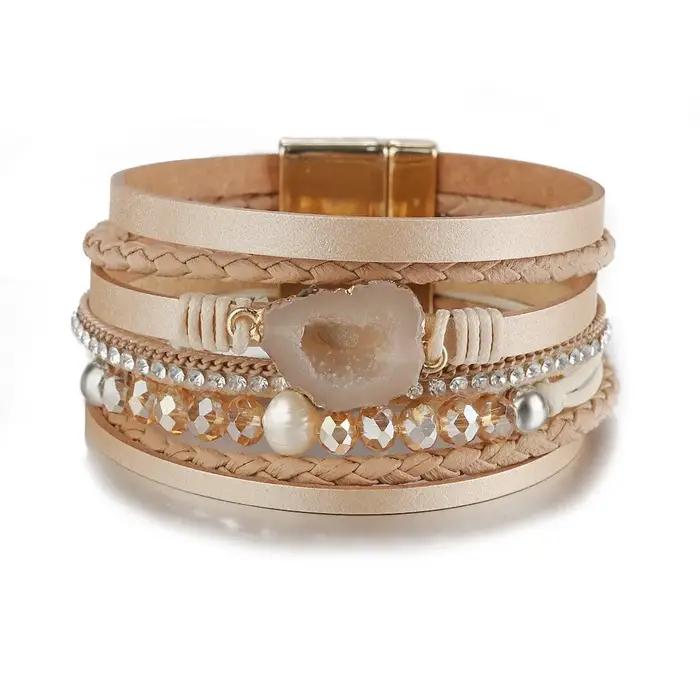 Bracelet en cuir de gravier perles d'eau douce naturellement perlées cristal pour femmes élégant cadeau pour occasions spéciales