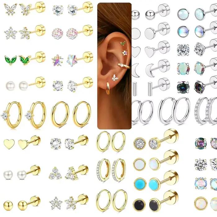 Ensemble de boucles d'oreilles en acier chirurgical hypoallergénique, cerceaux, Tragus, Cartilage, Piercing, dos plat, bijoux pour femmes