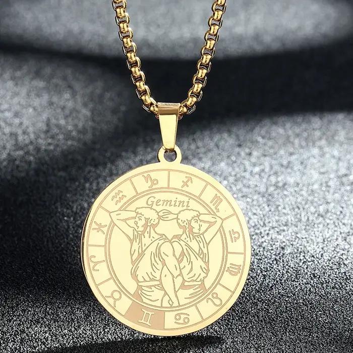 Collier signe du zodiaque en acier inoxydable pour femmes et hommes, pendentif 12 Constellation, sym