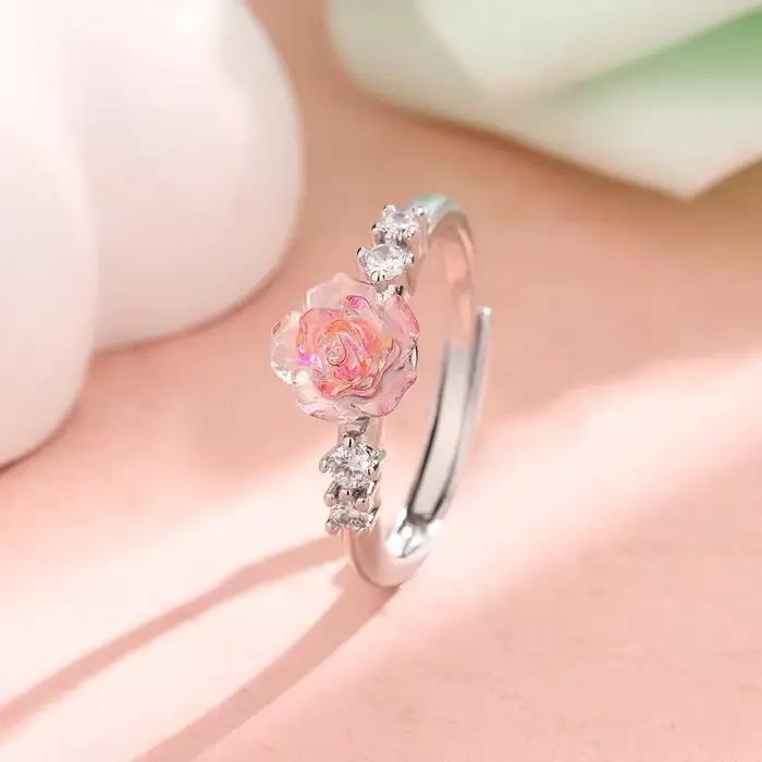 PONYKISS – bagues réglables en forme de fleur de Rose pour femmes, couleur argent, Zircon rose, bijo