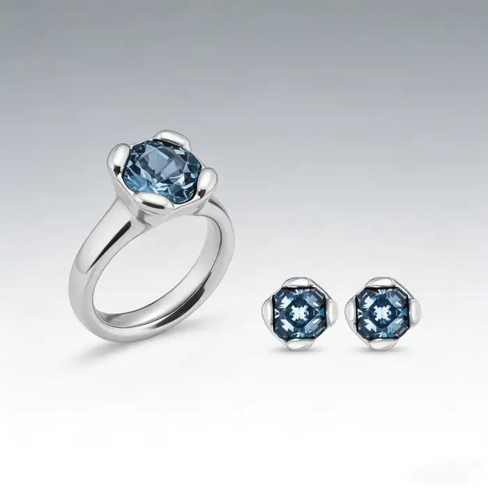 Bijoux en argent de haute qualité très demandés, ensemble bague et boucles d'oreilles avec pierre bl
