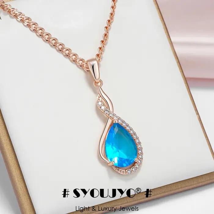 SYOUJYO élégant bleu goutte naturel Zircon collier Vintage 585 couleur or Rose luxe bijoux cadeau pour les femmes 