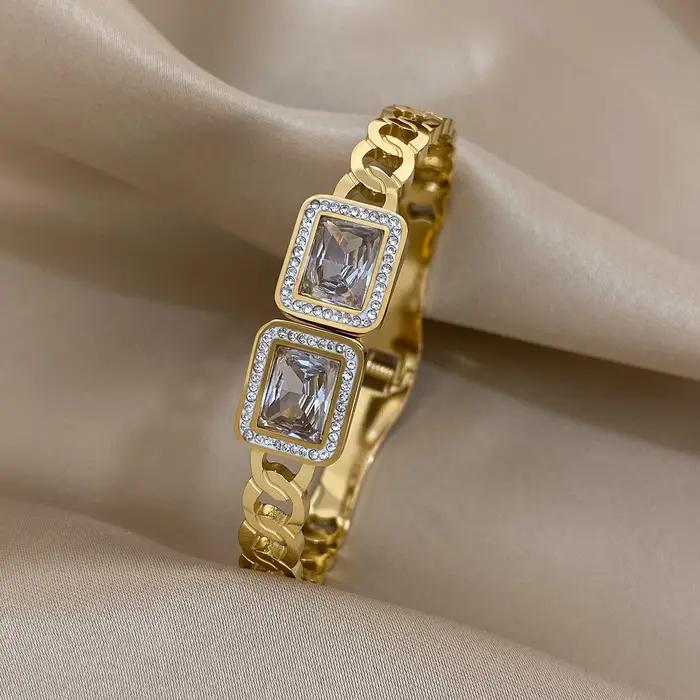 DODOHAO grand carré cristal à la mode élégant Zircon Bracelet en acier inoxydable couleur or argent luxe haut de gamme