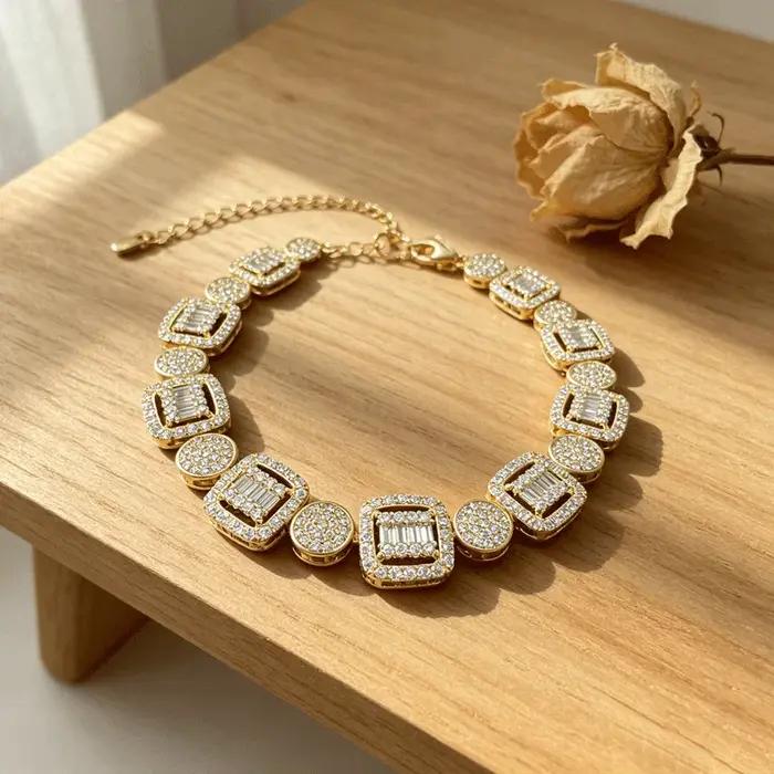 Bracelet tennis rectangulaire en zircon plaqué argent pour femme