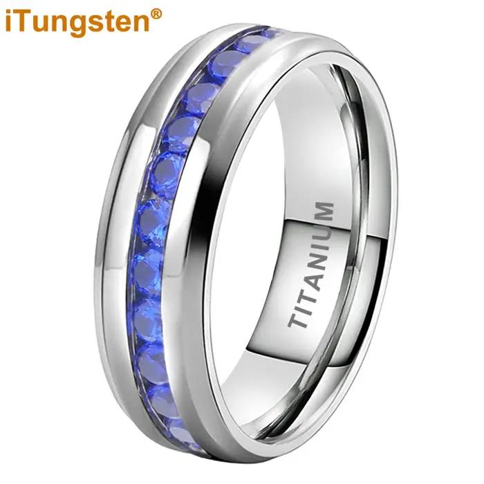 ITungsten 7mm titane brillant pour toujours bague pour femmes hommes bleu zircon cubique CZ incrustation mode éternité fiançailles alliance