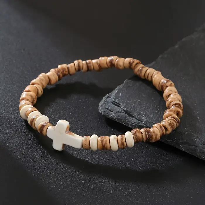 Bracelet bohème en coquille de noix de coco pour hommes, copeaux de bois, croix, rétro, fait à la main, bijoux en perles, accessoires de mode, cadeaux